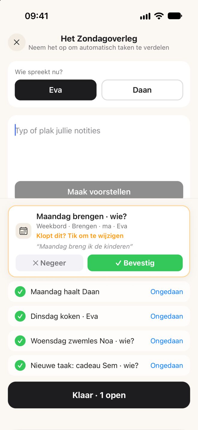 Het zondagoverleg: wie spreekt nu, de notities en de voorstellen die binnenkomen, met Bevestig of Negeer