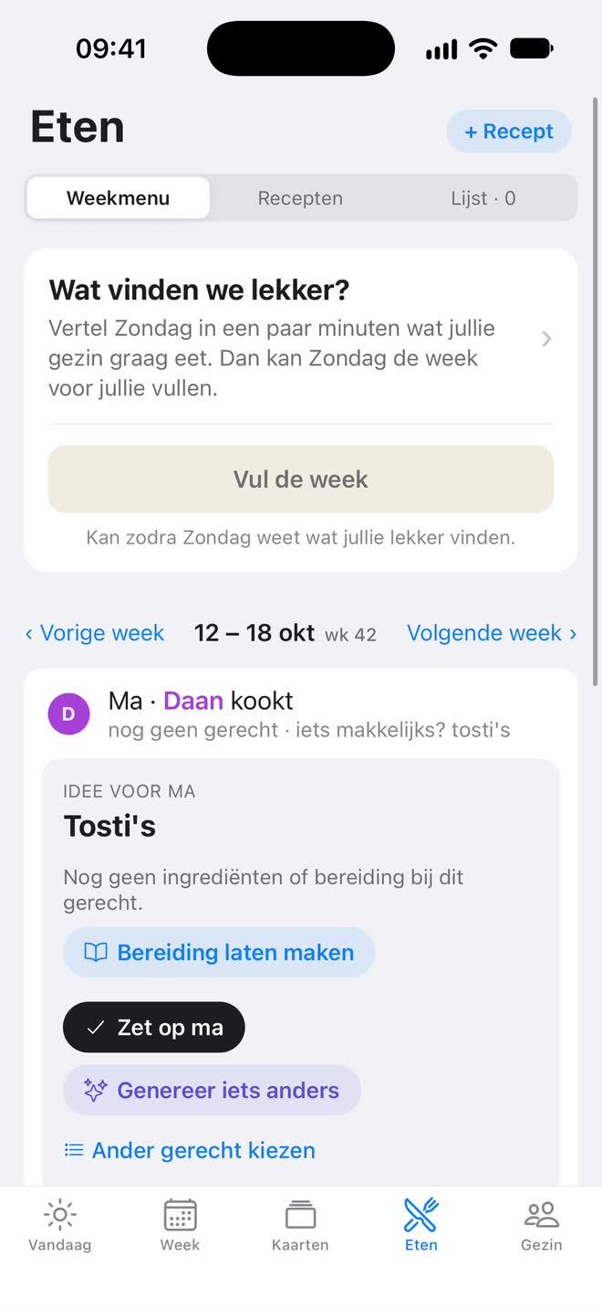 Eten: een wens intypen, Zondag maakt een recept met ingrediënten en bereiding, en zet het op maandag