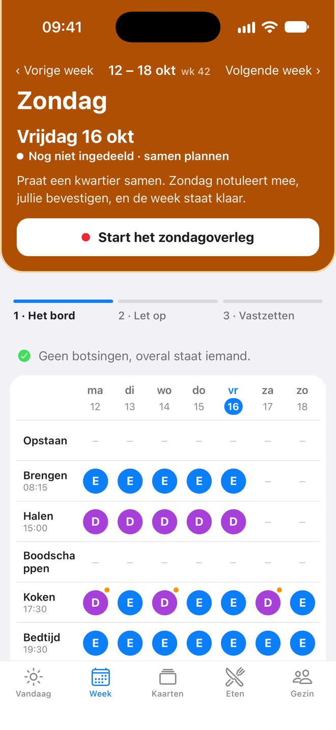 Het weekscherm: de oranje kaart met vrijdag 16 oktober, nog niet ingedeeld, en de knop Start het zondagoverleg, daaronder het weekbord met brengen, halen en koken per dag