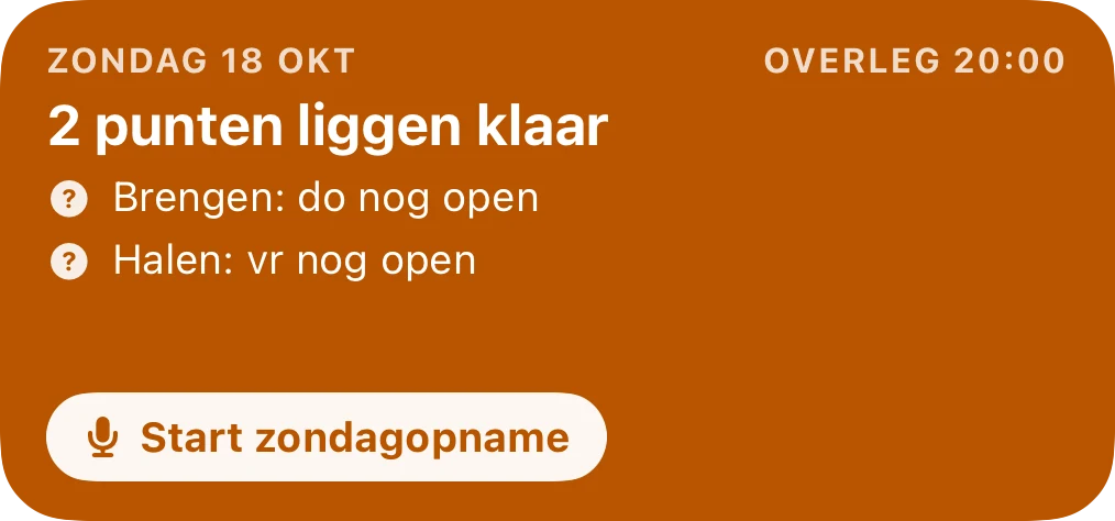 Middelgrote widget op zondag: overleg om 20:00, 2 punten liggen klaar, met de knop Start zondagopname.