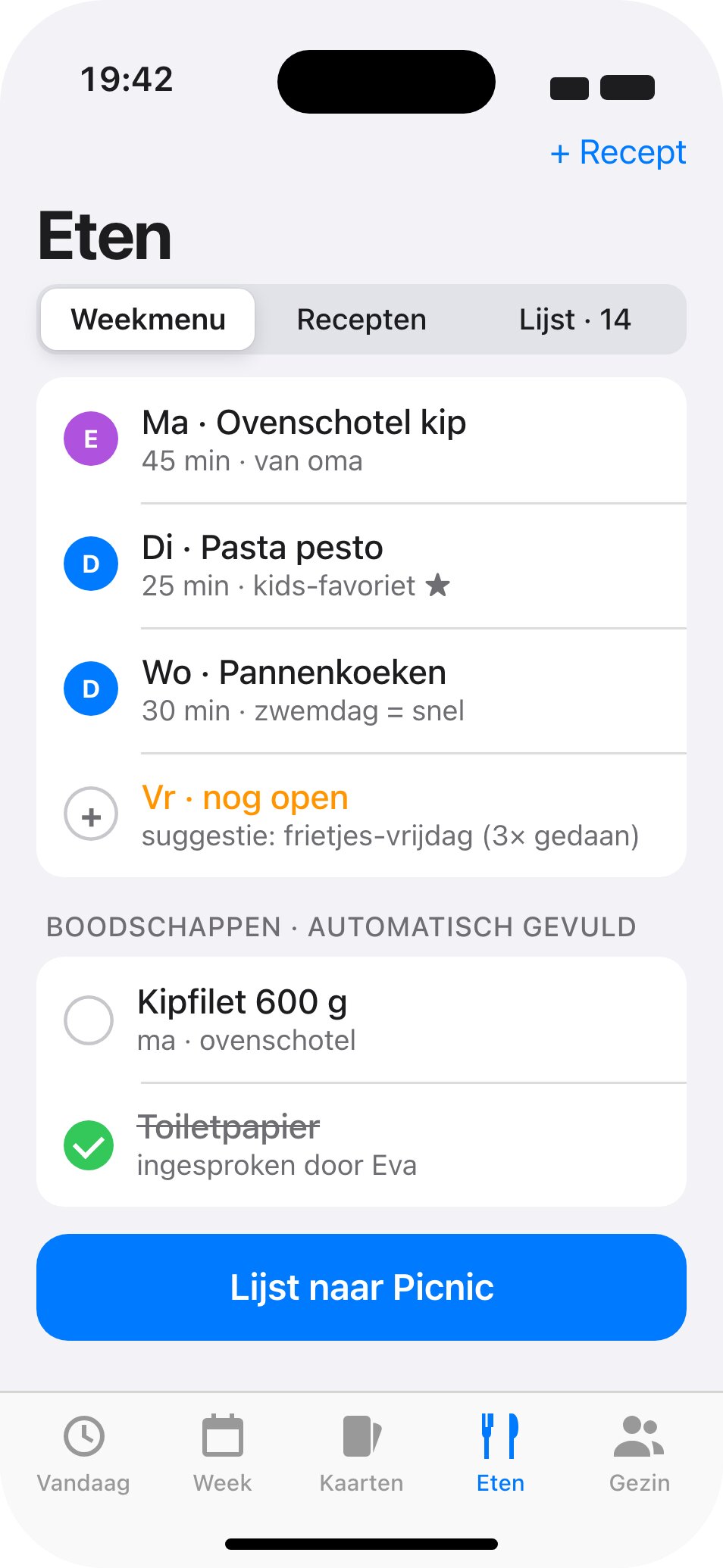 Weekmenu met per dag wie kookt en een boodschappenlijst
