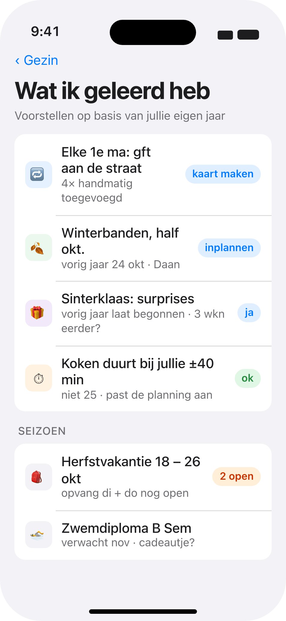 Voorstellen op basis van wat het gezin vaker doet