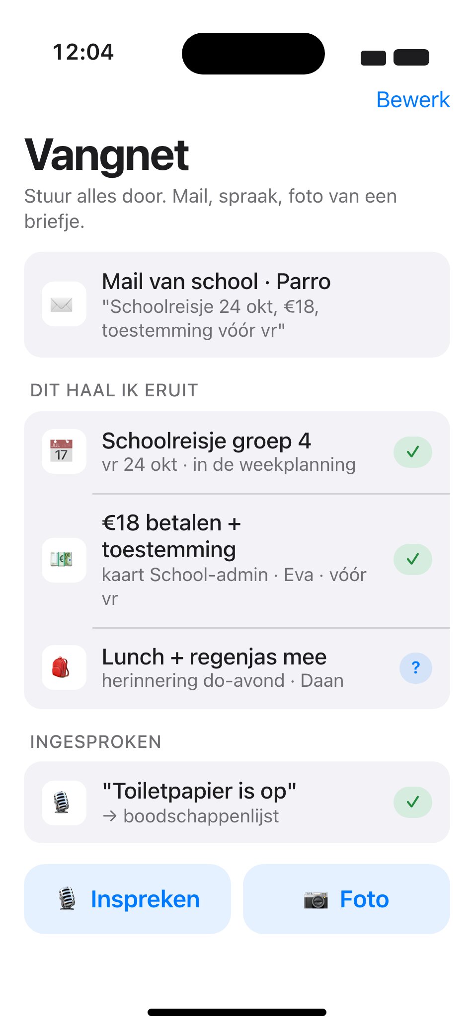 Vangnet met binnengekomen mail, foto's en ingesproken taken